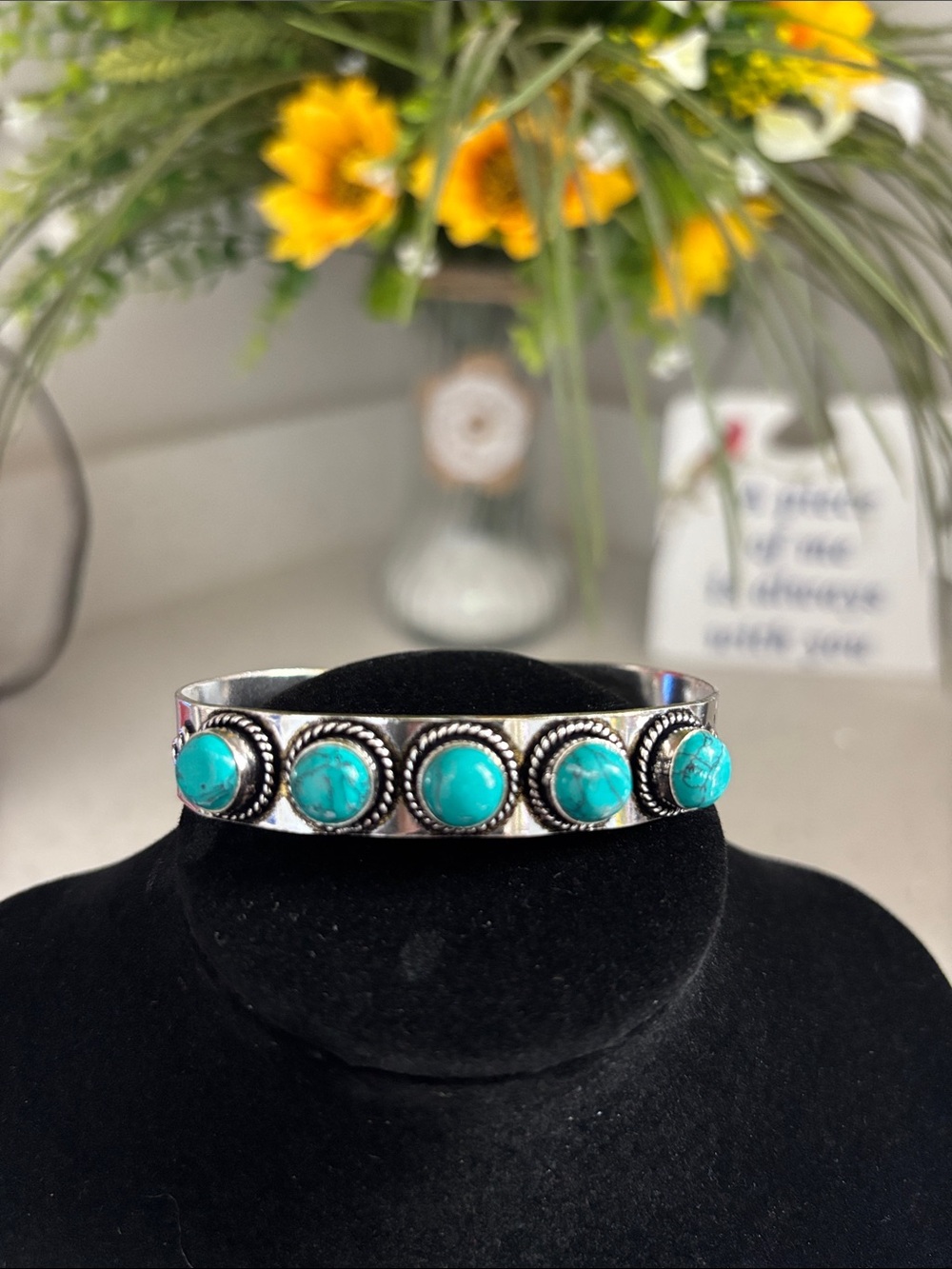 Sterling Silver Turquoise Gemstone Bangle Cuff Bracelet - Adjustable